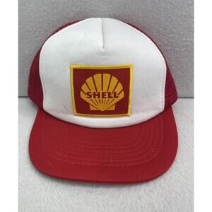 VTG Shell Oil Gas Trucker Hat Red White Snapback Cap 80s 90s Workwear Retro